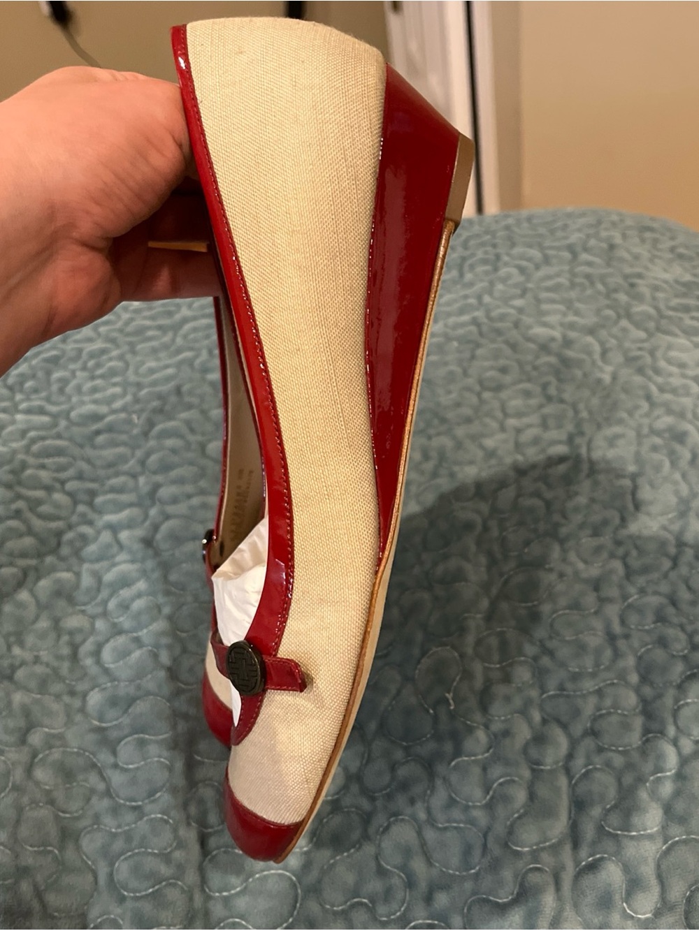 Cole Haan Red and Natural Canvas Mary Jane Flats - Picture 2 of 8